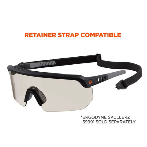 Skullerz Aegir Safety Glasses with oversized blade style and UV protection, showing side view with retainer strap feature.