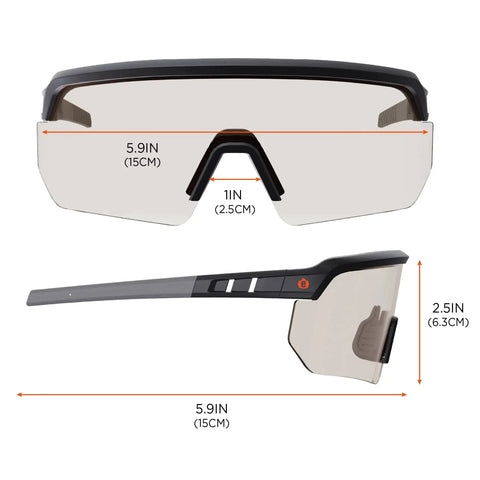 Front and side view of Skullerz Aegir Safety Glasses with Oversized Blade Style, UV protection, and ANSI Z87.1+ impact rating.