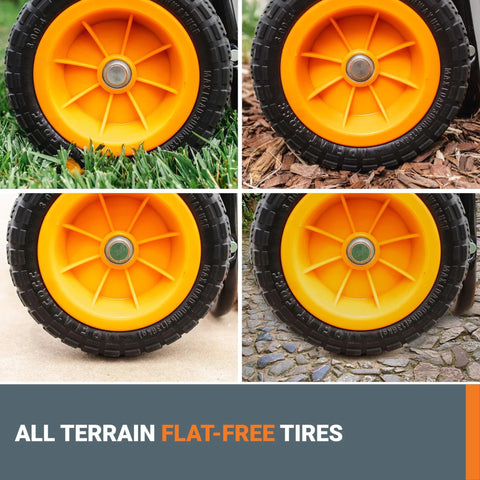 8 in 1 Heavy Duty Aerocart Garden Cart Wheelbarrow Dolly with Turbo Lift Design displaying flat-free all-terrain tires