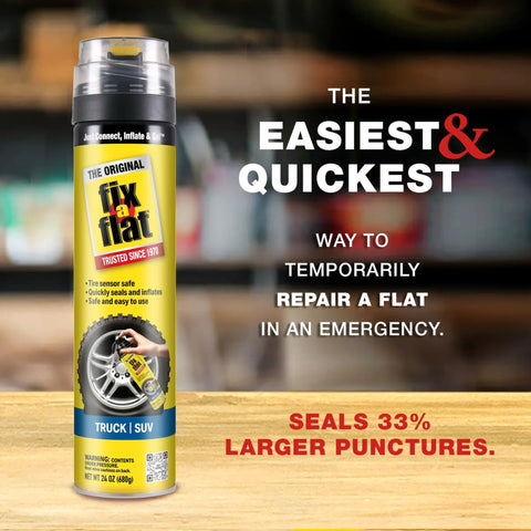 Aerosol Emergency Flat Tire Repair And Inflator For X Large Tires With Eco Friendly Formula in 24 oz can displayed on a table.
