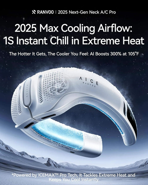 Aice Lite Plus 2025 Neck Cooling Fan With 6000mAh Battery, curved wearable design, in white, against a wintry backdrop.