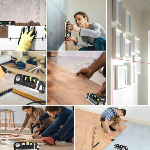 Collage of AikTryee Laser Level Line Tool in use for wall hanging, flooring, and tiling with metric rulers 8ft/2.5M.