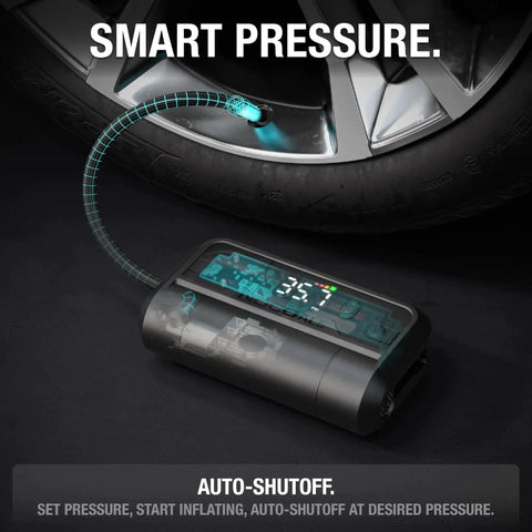 Air AL5 Cordless Tire Inflator with 5A Battery, showing digital gauge and auto shutoff feature inflating car tire.