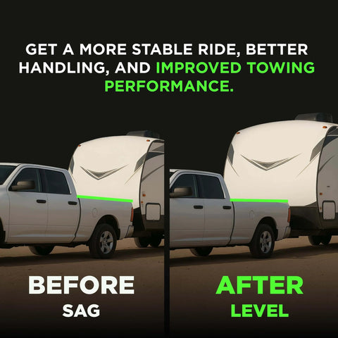 Comparison of truck towing trailer before and after using Air Bag Suspension Kit for Ram and Ford Trucks, Adjustable Rear Air Springs
