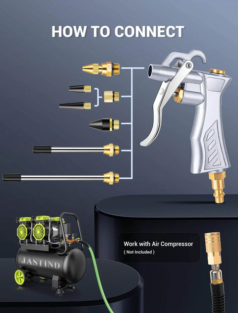 Industrial Air Blow Gun with Brass Adjustable Air Flow Nozzle and 2 Steel Extension, Pneumatic Air Compressor Accessory Tool Dust Cleaning and Blower Gun components shown.