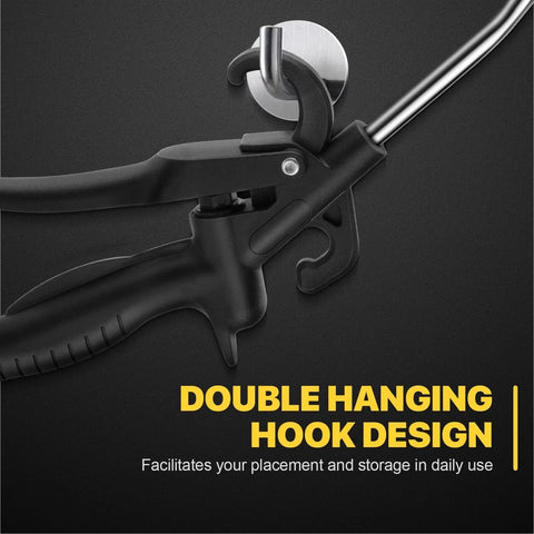 Close-up of high-volume angled air blow gun with rubber guard, showing the double hanging hook design for easy storage.