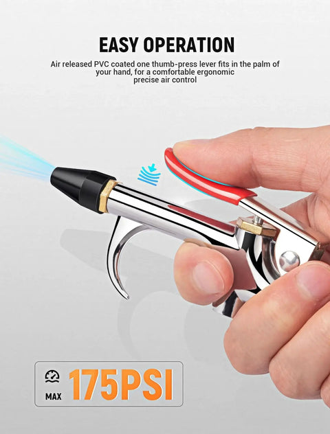 Close-up of hand holding four piece all metal air blow gun kit with rubber tip for powerful dust clearing; max 175 PSI pressure.