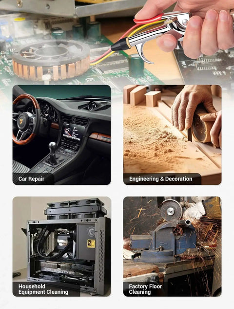 Four piece all metal air blow gun kit in use for car repair, woodworking, household equipment, and factory floor cleaning.