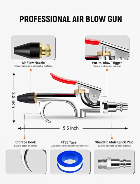 Diagram of four piece all metal air blow gun kit with dimensions, rubber tip, 2-way connection, and 1/4 inch quick plug.