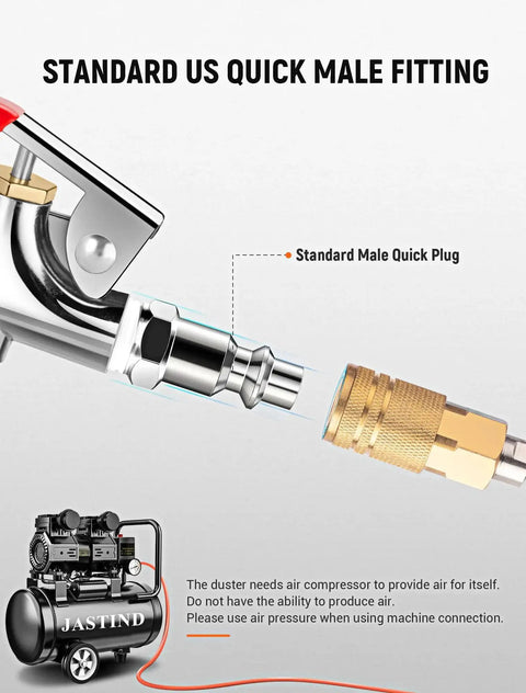 Close-up of standard male quick plug connection in four piece all metal air blow gun kit.