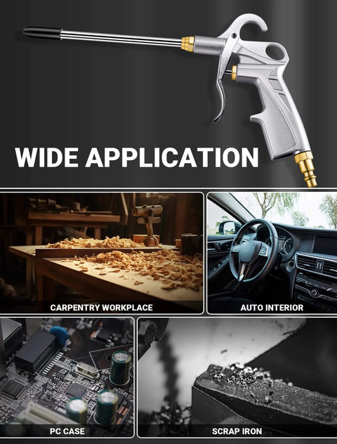 Heavy Duty Air Blow Gun Air Nozzle Blow Gun showing multi-use from carpentry to car detailing, designed with metal body and extended nozzle.