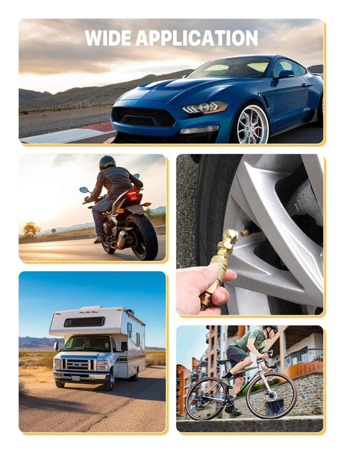 Two Pack Durable Metal Closed Ball Air Chucks With One Quarter Inch NPT Quick Plug in use on car, motorcycle, RV, and bicycle tires.