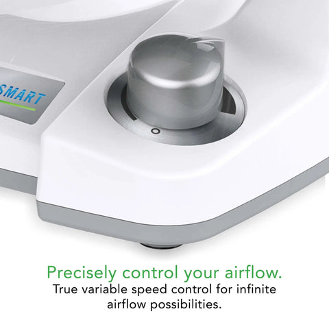 Close-up of Energy Smart Compact Air Circulator Fan speed control knob for adjustable airflow. Energy Smart branding visible.