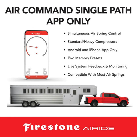 Firestone Airide Air Command app interface with red truck towing a large trailer, showcasing air spring control features.