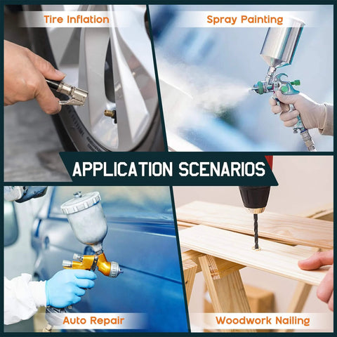 Collage showing tire inflation, spray painting, auto repair, and woodwork nailing applications for Albott 6.5HP Gas Powered Air Compressor.