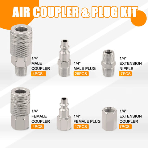 Value Packed 67 Piece Quick Connect Air Fittings Kit For Air Tools And Compressors One Quarter Inch NPT Includes Male Female Couplers Plug