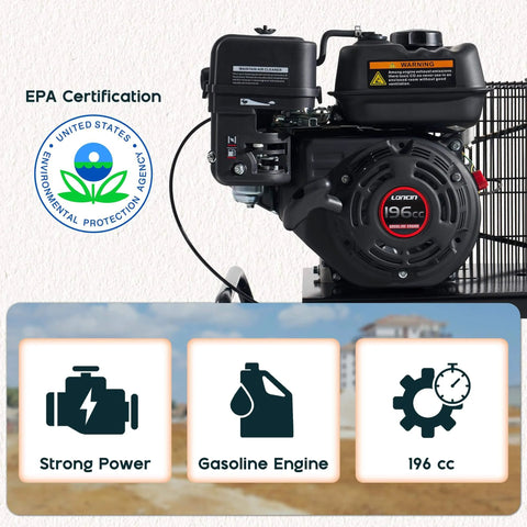 Albott 6.5HP Gas Powered Air Compressor 196cc engine close-up with EPA certification labels