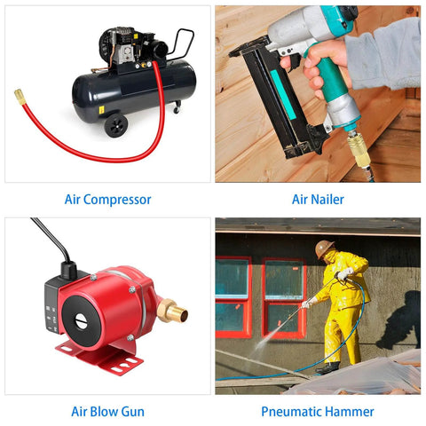 Air compressor, air nailer, air blow gun, and pneumatic hammer in use on jobsite