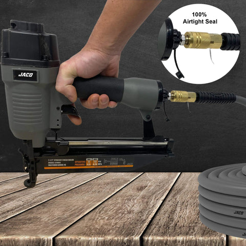 JACO quick-connect air hose fittings kit, 12 pcs, brass couplers on gray hose attached to a pneumatic nailer.