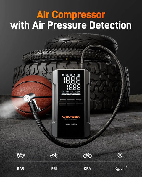 4000A Jump Starter With 160 PSI Air Compressor, 88.8Wh Battery Pack displaying LED pressure monitor with tire in background