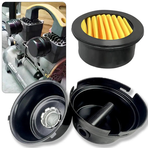 Two Pack Half Inch Thread Air Compressor Silencer Filter With 20mm Metal Noise Muffler Intake Filter Replacement For Generators Blowers Boilers Exhaust Ports And Other Air Compressor Parts shown installed and disassembled.