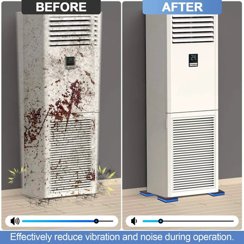 Comparison of an old, dirty wall-mounted unit with a clean, new unit displaying effective noise reduction.