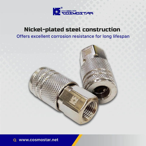 1/4 Inch Air Coupler Quick Connect CFNPT Style Nickel Plated Steel Industrial Pneumatic Coupler With 1/4 Inch Flow Size And 1/4 Inch Female NPT Thread Built Tough For Daily Shop Use And Universal Tool Compatibility, showing two couplers with nickel-plated finish on gray background