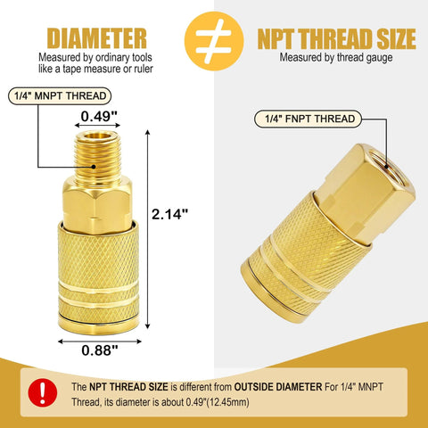 Must Have 45 Piece Air Coupler And Plug Kit With One Quarter Inch NPT Fittings showing diameter and thread size