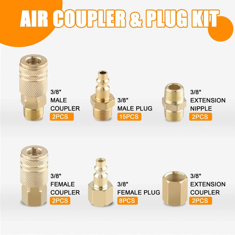 Air Coupler and Plug Kit with 3/8 inch male and female couplers, plugs and extension nipples, various pieces shown.