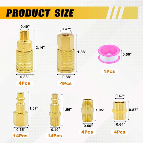Product size chart of Must Have 45 Piece Air Coupler And Plug Kit With One Quarter Inch NPT Fittings for air tools, showing dimensions