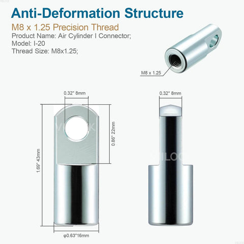 2pcs Air Cylinder Rod Clevis End, M8x1.25 Female Thread I Type Connector Air Cylinder Accessories I-20 front and side view