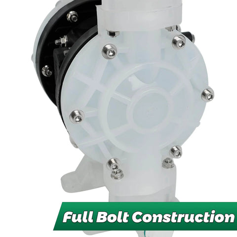 Close-up of Air Operated Double Diaphragm Pump with full bolt construction, highlighting durable materials and 1/2 inch inlet/outlet.