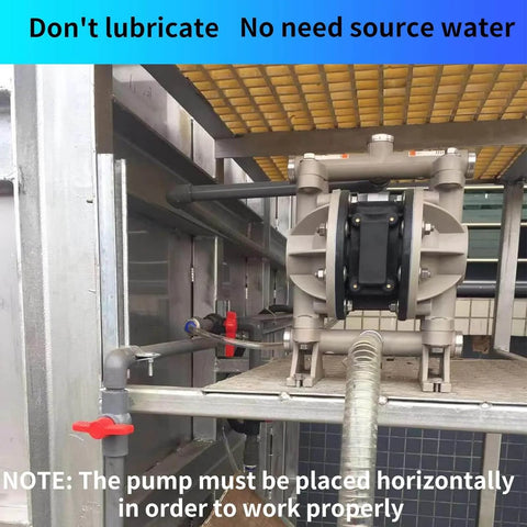 Air Operated Double Diaphragm Pump 1/2 inch Inlet/Outlet installed horizontally for chemical waste oil transfer