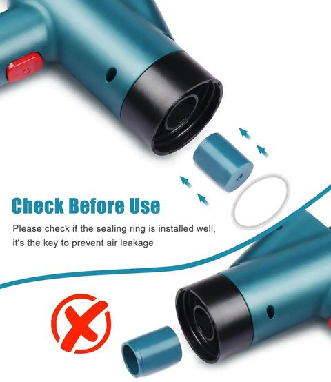 Close-up of High Pressure Air Drain Blaster Toilet Plunger components with sealing ring and instructions for assembly.