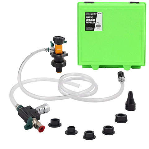 OEMTOOLS 24444 cooling system refiller AirEvac kit with green storage case, hoses, regulator, and five bushings