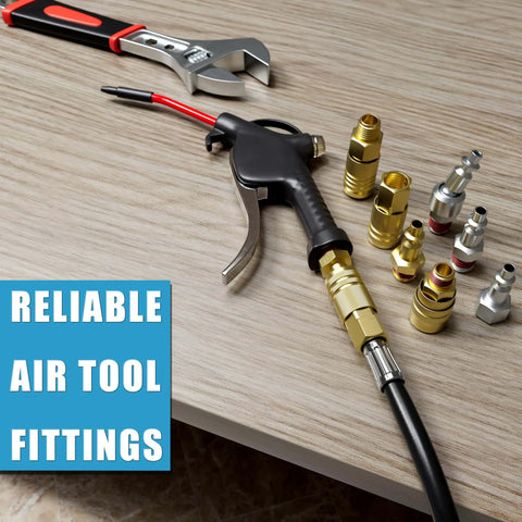 25 Pack 1/4 Inch NPT Air Hose Fittings Kit With 1/4 Inch Male Quick Connect Plugs For Compressor And Auto Shop Beefed Up Heavy Duty Industrial M Style Connectors And D Type Pre Coated Threads Repair Set on table with wrench and air tool