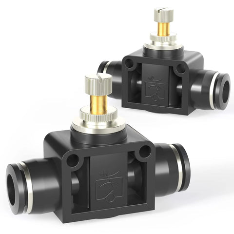 Pneumatic flow control valve with push-to-connect fittings, inline straight, 1/4 in tube OD, black plastic (2 pcs)