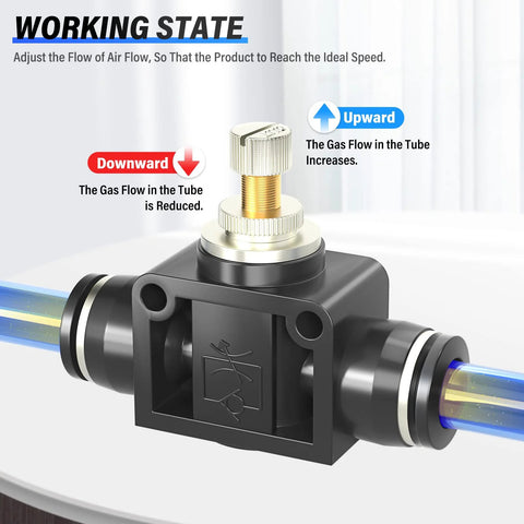 Air flow control valve with push-to-connect fittings, Tailonz, black plastic body, brass adjustment knob, 1/4 in tube OD