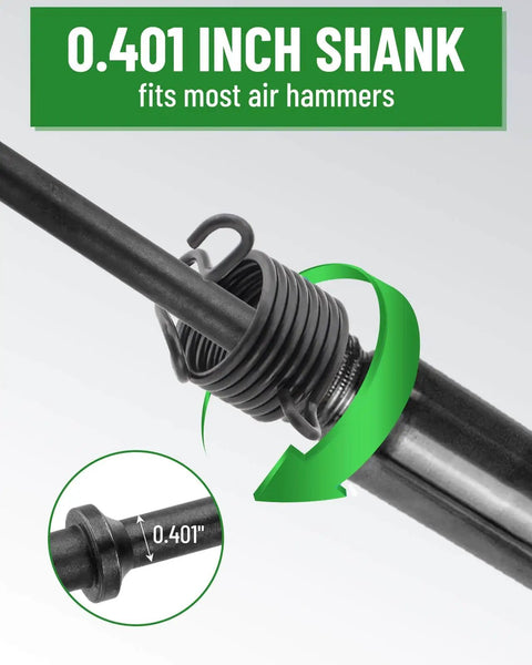 Close-up of the 0.401 inch shank of the Extra Long 18 Inch Air Hammer Bit Set with 3/8 Inch Taper Punch and Spring 42CrMo.