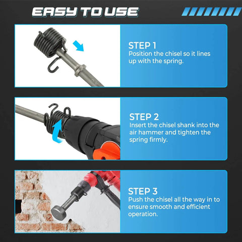 Instructions for installing Five Piece Air Hammer Bits Set With Spring 0.401 Inch Pneumatic Chisel Bits on a power hammer drill.