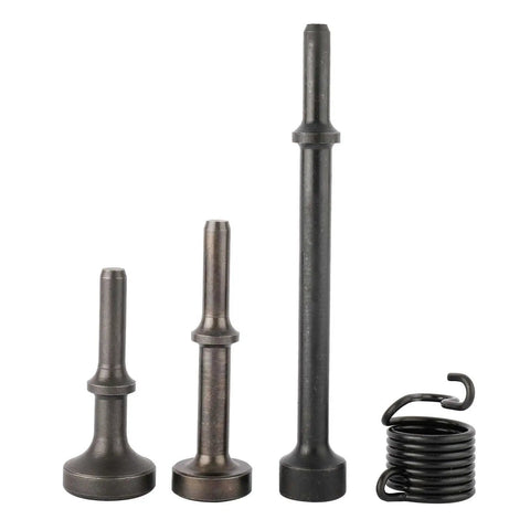 Air Hammer Bit Set Four Piece Including Three 0.401 Inch Shank Pneumatic Chisel Bits And One Spring For Metal Plate Forming Rivet Removal Knockout And Smoothing Featuring Oval Spherical And Flat Head Options For Versatile Bodywork