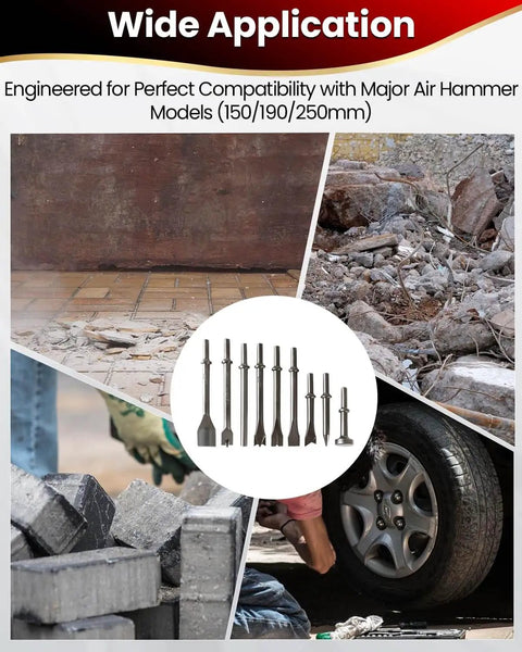 9-Piece Air Hammer Chisel Bit Set With 0.401 Inch Shank Pneumatic Chisel Bits For Masonry Tile Concrete And Rust Removal