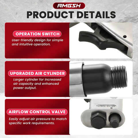 Close-up of Powerful 150mm Air Hammer Kit With 4500 BPM Pneumatic Hammer showing operation switch and airflow control valve.