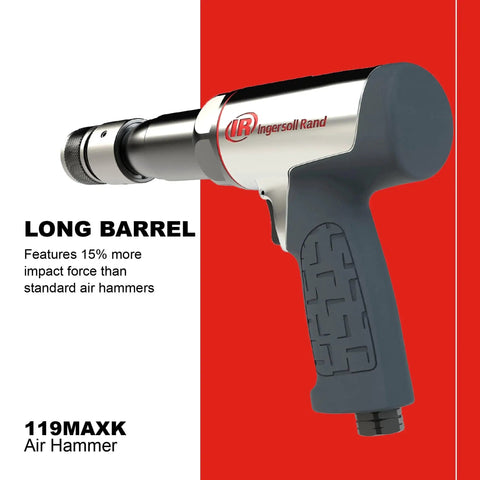 Ingersoll Rand 119MAXK Long Barrel Vibration Reduced Air Hammer Kit with ergonomic handle and metal barrel design for heavy vehicle repair.