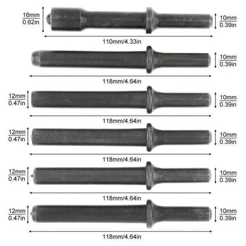7 Piece Air Hammer Rivet Bit Set With 0.401 Shank For Pneumatic Rivet Hammers, Beefy 45# Steel Bits with lengths and measurements.
