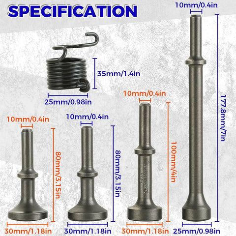 Specifications of the 5 Piece Smoothing Air Hammer Tool Kit with pneumatic chisel bits and spring attachments.