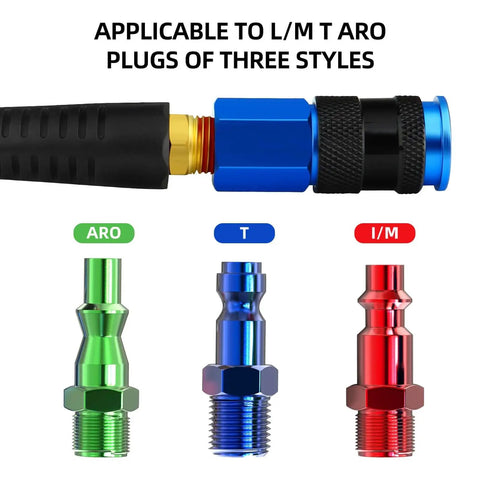 One Quarter Inch By Ten Foot Pro Grade Reinforced Polyurethane Air Hose With Bend Restrictor And Self Coiling Design Includes IM Plug Kit And Industrial Quick Coupler For Air Compressors Lightweight Durable Abrasion Puncture Grease Resistant Green with visual of ARO, T, I/M plug types.