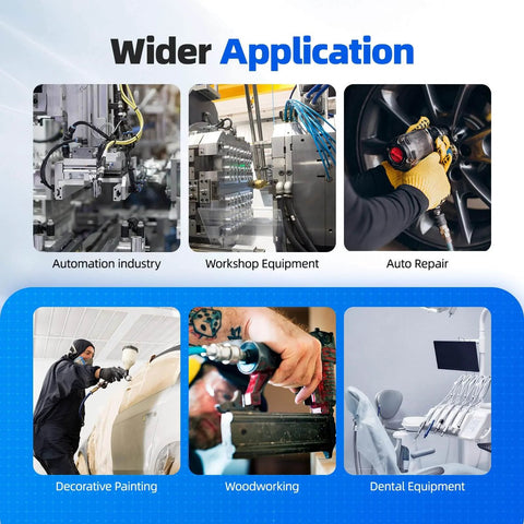 Multiple applications of DIY Friendly Pro Grade 50 Piece Quick Connect Air Hose Fittings Kit shown in various industries.