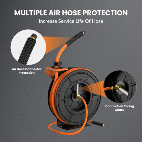 Retractable Three Eighth Inch By Fifty Foot Air Hose Reel With Auto Rewind Hybrid Hose 300 PSI Max Ceiling Or Wall Mount