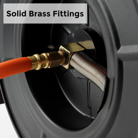 Close-up of retractable three eighth inch by fifty foot air hose reel with auto rewind hybrid hose showing brass fittings.